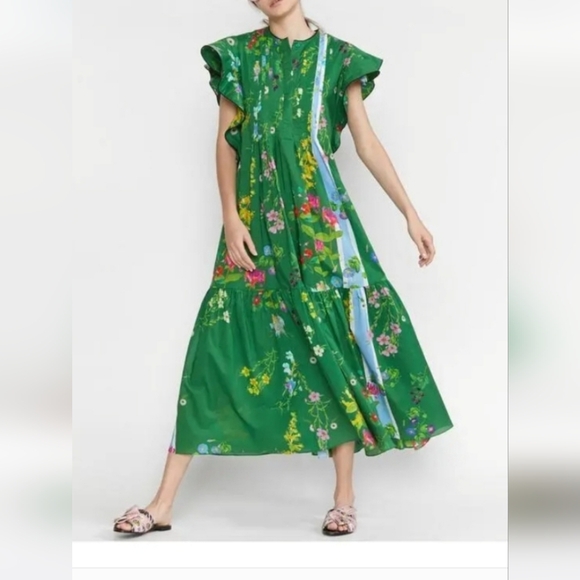 Cynthia Rowley NAITOBI Botanical Caftan Green Floral Ruffle Dress Size  S - Picture 1 of 4